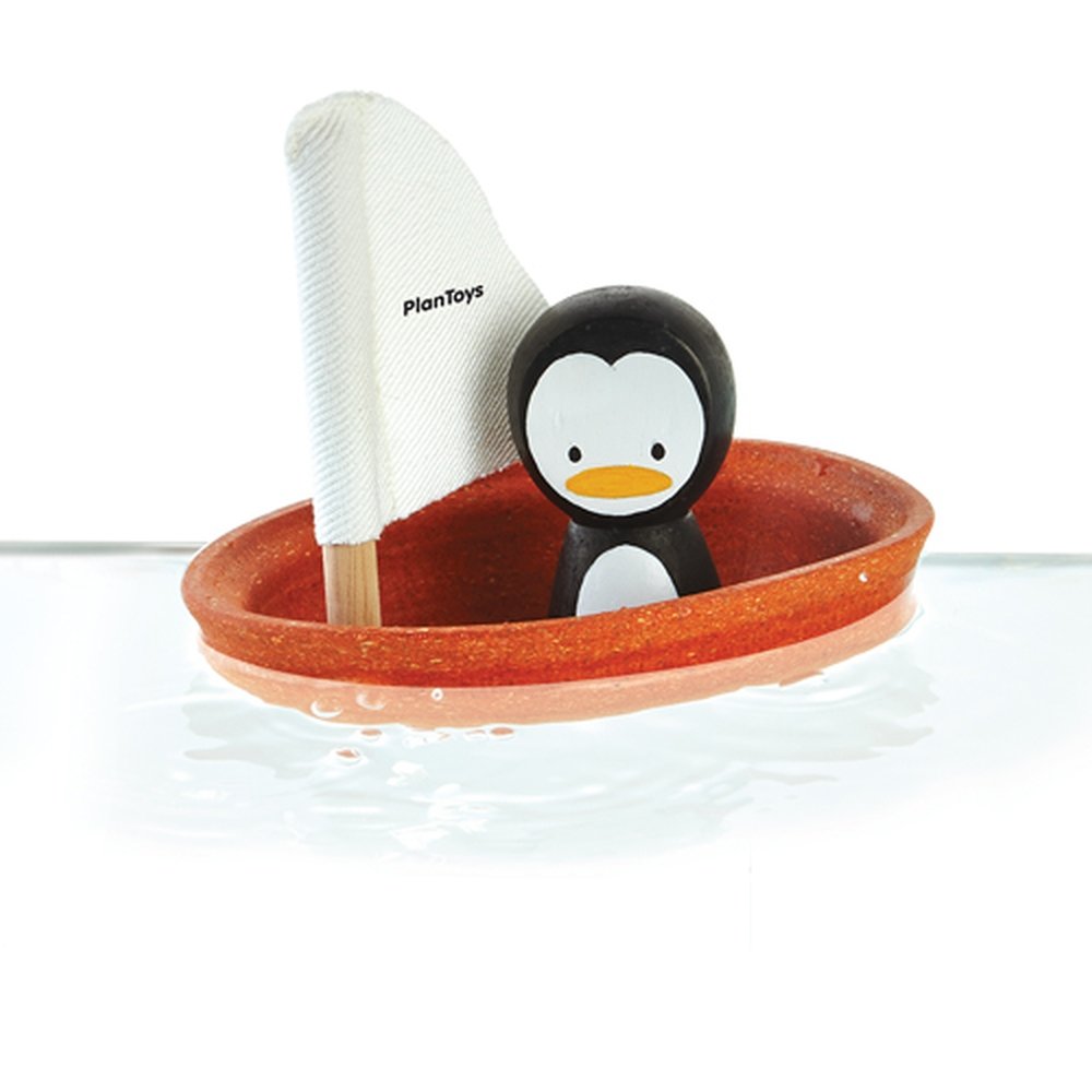 Plan Toys Drewniana żaglówka z pingwinem - zabawka z drewna żaglówka do kąpieli, wanny, 12m + PLTO-5711