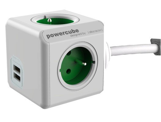 PowerCube Listwa zasilająca Allocacoc Kabel sieciowy 230V przedłużacz 1.5m EXTENDED USB zielony 4 zsuvky 2xUSB port,dětsk pojistka 8718444085812