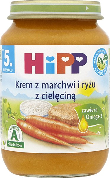 Hipp Danie BIO - krem z marchwi i ryżu z cielęciną - bez glutenu, zagęstników i aromatów