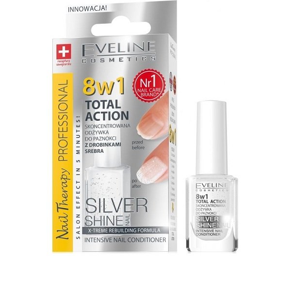 Eveline 8in1 Total Action Silver Shine Skoncentrowana odżywka do paznokci z drobinkami srebra 12 ml