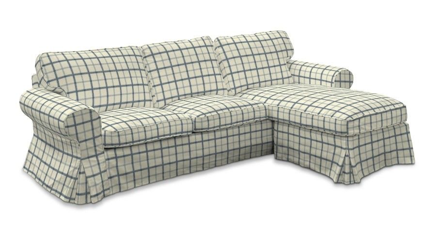 Dekoria Pokrowiec na sofę Ektorp 2-osobową i leżankę ecru tło niebieska kratka 252 x 163 x 88 cm Avinon 1014-131-66