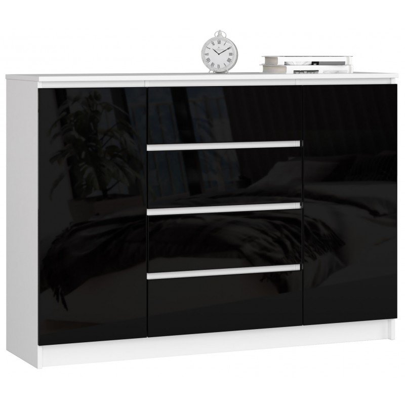 KOMODA K 140 cm 2 DRZWI 4 SZUFLADY AKRYL CZARNY WYSOKI POŁYSK
