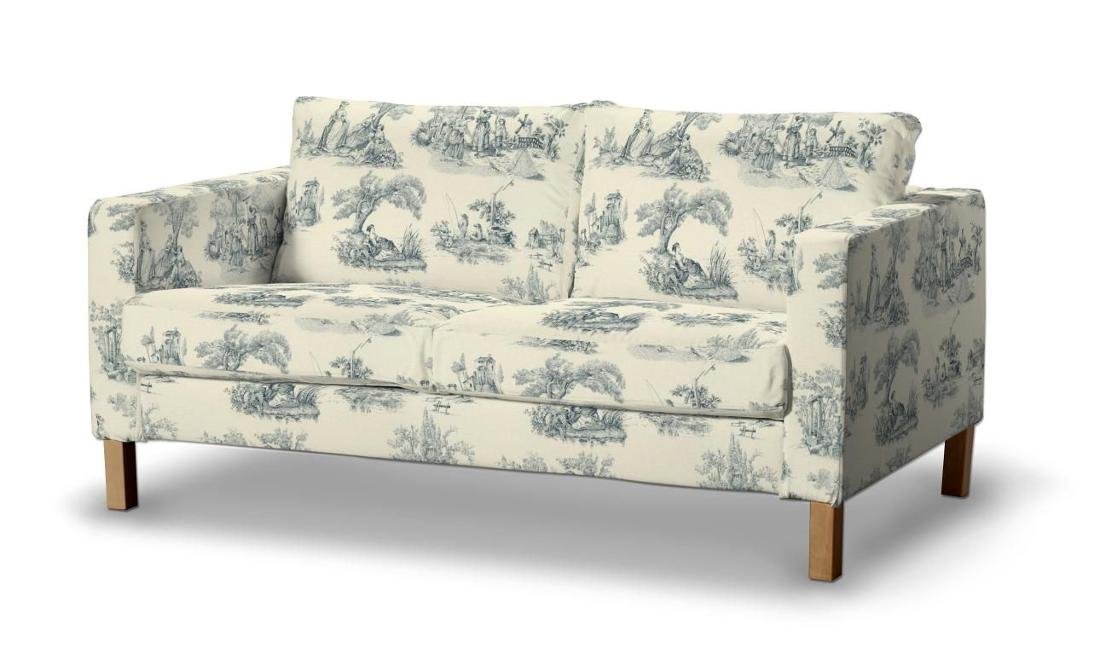 Dekoria pl pl Pokrowiec na sofę Karlstad 2-osobową nierozkładaną krótki tło ecru niebieskie postacie 165 x 89 x 64 cm Avinon 5901249137784