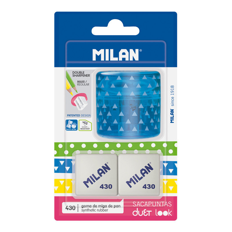 Milan Temperówka DUET niebieska + 2 gumki