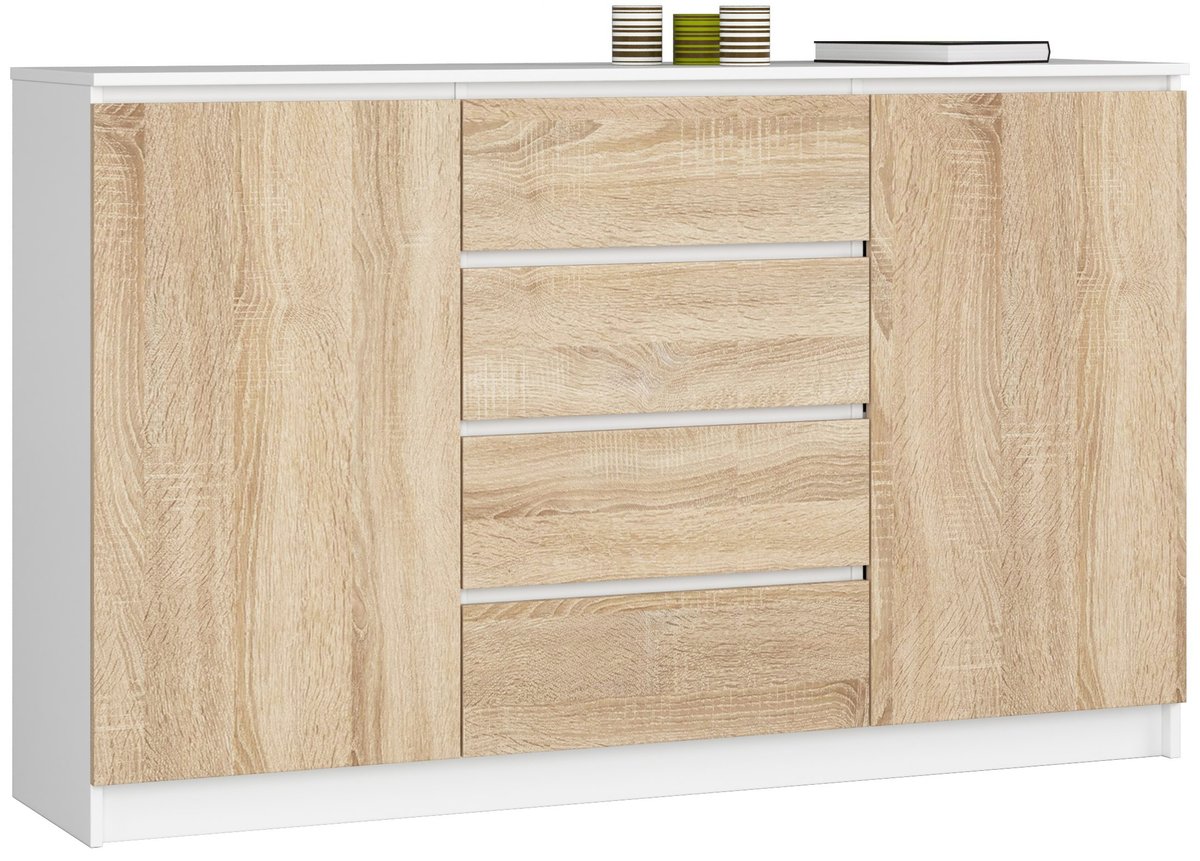 Akord Fabryka mebli KOMODA K 160cm 2 DRZWI 4 SZUFLADY BIAŁA / SONOMA OP0LK-1BIASON007