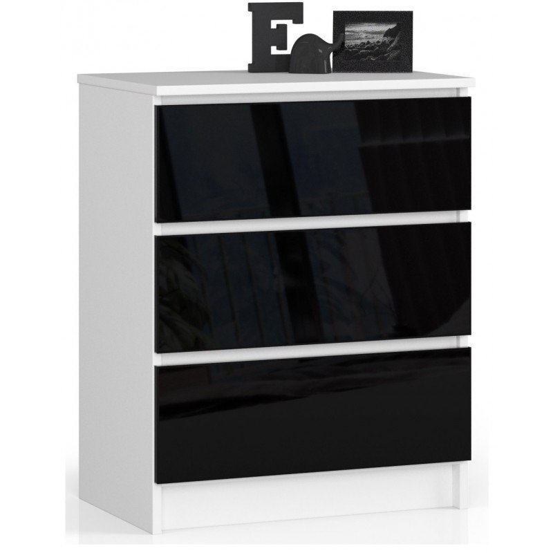 Komoda AKORD K60 Biała 60 cm - 3 szuflady, fronty kolor Czarny Połysk - 60x40x77 cm