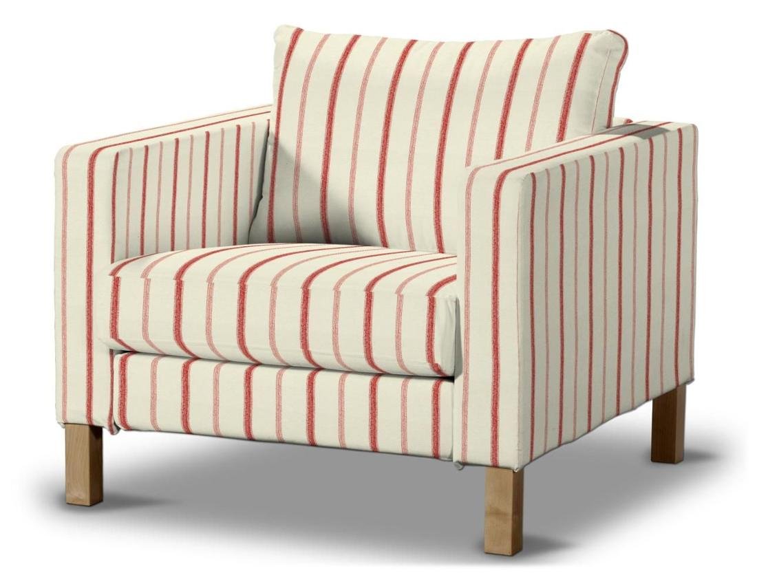 Dekoria pl Pokrowiec na fotel Karlstad krótki ecru tło czerwone paski 89 x 89 x 64 cm Avinon