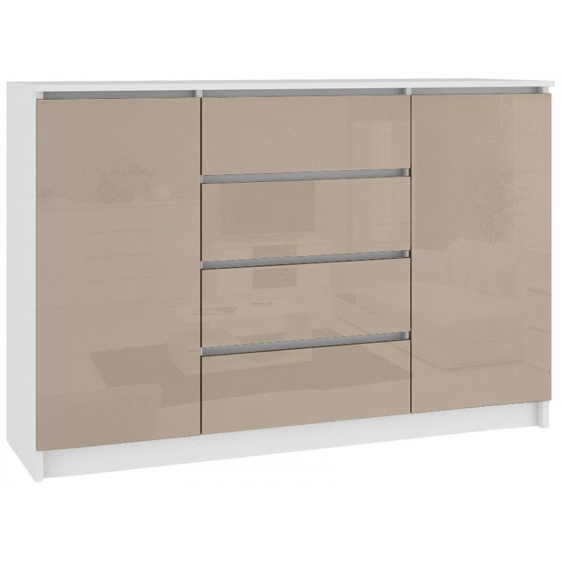 Komoda do salonu K 160 cm 2 drzwi 4 szuflady - biała-cappuccino połysk