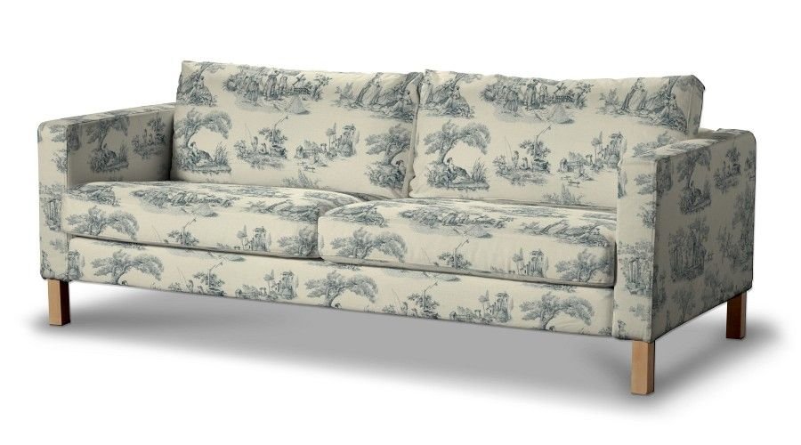 Dekoria pl pl Pokrowiec na sofę Karlstad rozkładaną tło ecru niebieskie postacie 224 x 89 x 64 cm Avinon 1017-132-66
