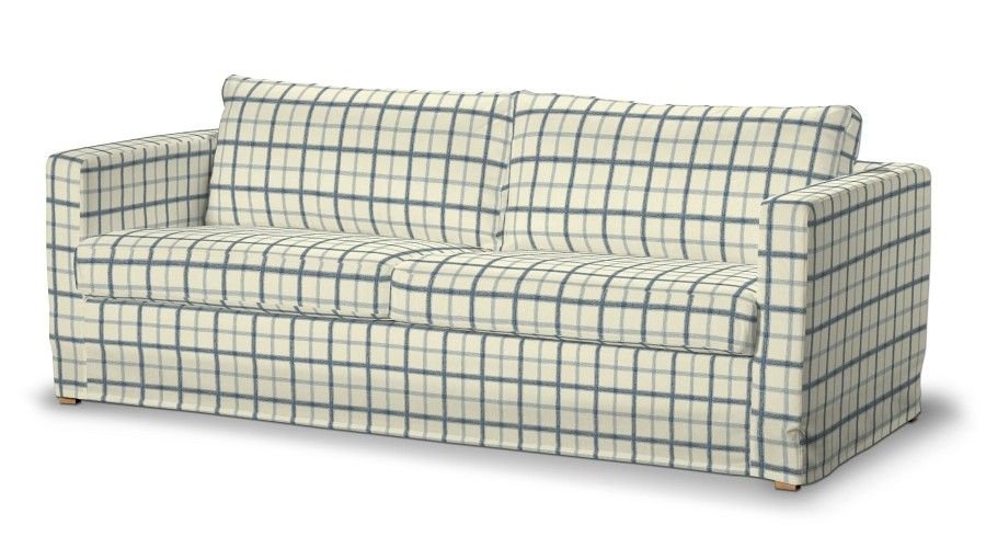 Dekoria pl Pokrowiec na sofę Karlstad 3-osobową nierozkładaną długi ecru tło niebieska kratka 204 x 89 x 66 cm Avinon