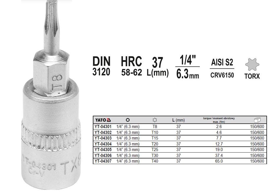 Yato KLUCZ TRZPIENIOWY TORX 1/4 T40 L37MM YT-04307