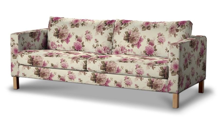 Dekoria pl pl Pokrowiec na sofę Karlstad rozkładaną różowo-beżowe róże na kremowym tle 224 x 89 x 64 cm Londres 1017-141-07