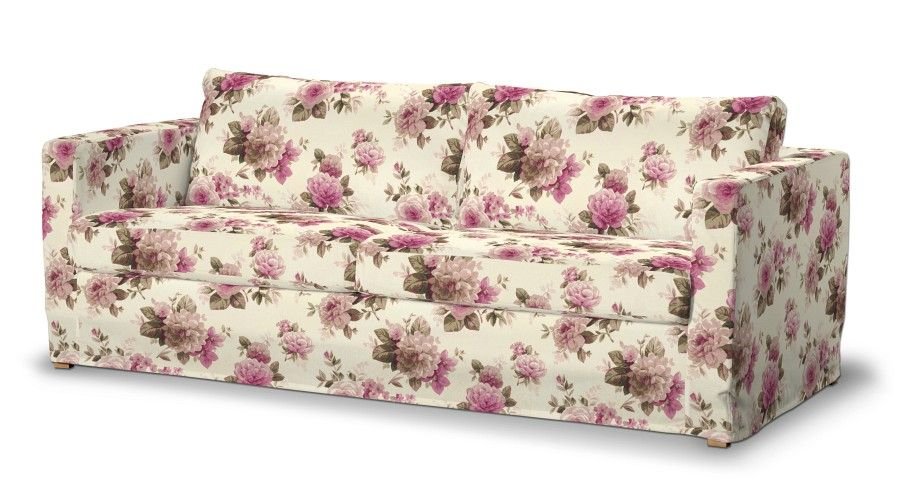 Dekoria pl Pokrowiec na sofę Karlstad 3-osobową nierozkładaną długi różowo-beżowe róże na kremowym tle 204 x 89 x 66 cm Londres