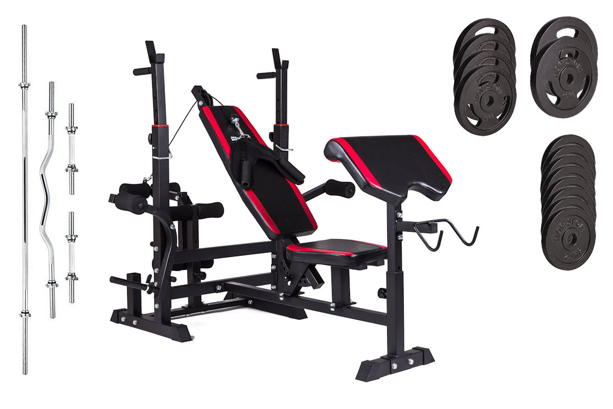 Hop-Sport Zestaw strong 84 kg z ławką HS-1075 z wyciągiem i modlitewnikiem