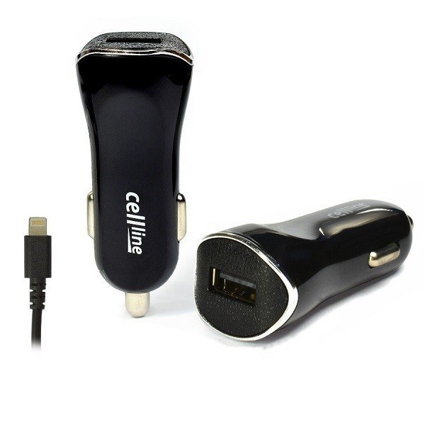 Cellline Cellline Ładowarka samochodowa 1xUSB + kabel lightning do iPhone 5/5S/6/6S/6 Plus/6S Plus/7/7 Plus czarna AZCIITLCEL00009