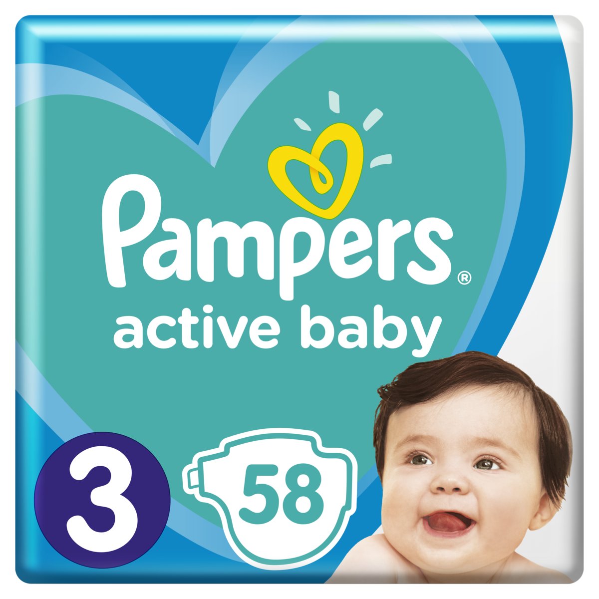 Pampers, Active Baby, Pieluchy jednorazowe, rozmiar 3, Midi, 6-10 kg, 58 szt.