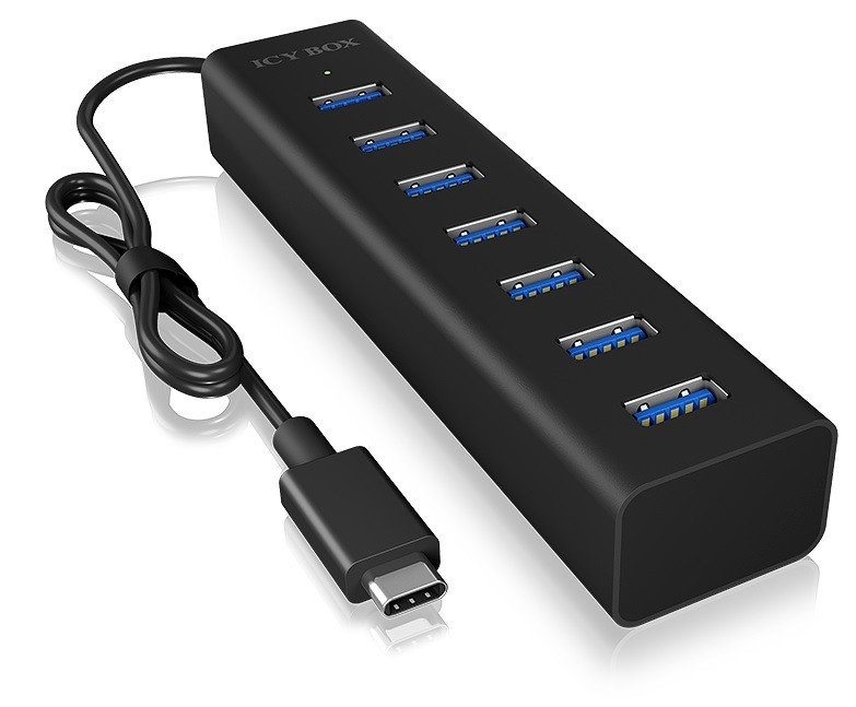 Icy Box IB-hub1409-U3 4-fach USB-Hub (Type-A połączenie) z 4 X USB 3.0 (Type-A) portami, zintegrowany przewód (40 cm), aluminium, czarny, czarny IB-Hub1700-C3