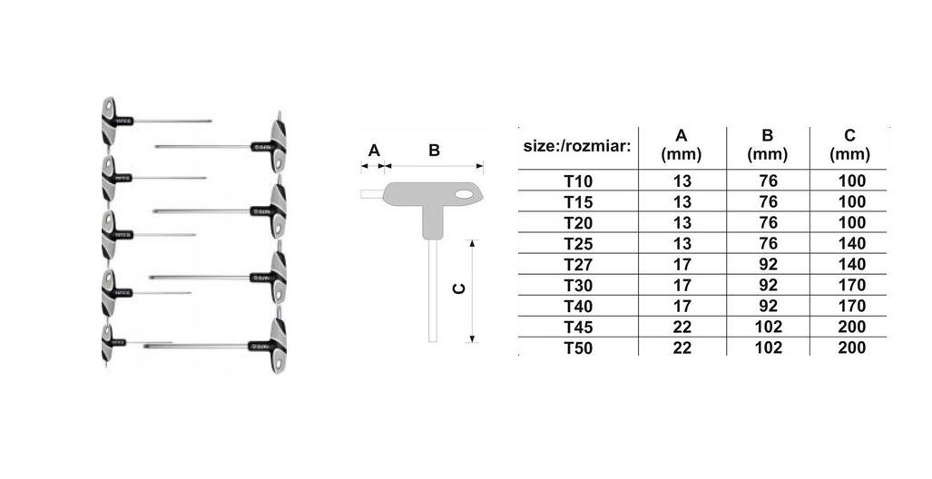 Yato Zestaw kluczy trzpieniowych torx z rękojeścią 9cz YT-05615