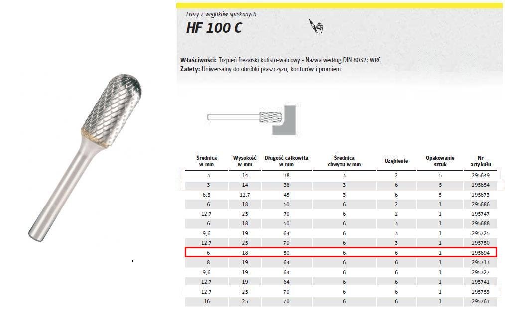 Zdjęcia - Otwornica / frez Klingspor FREZ DO METALU HF 100 C FI=6,0x18mm TRZPIEŃ 6mm TYP WRC, WALCOWO 