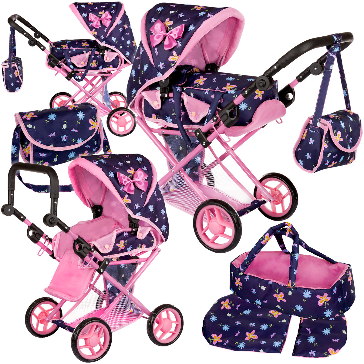 Kinderplay Wózek dziecięcy 3w1 - granatowy w kwiatki KP0200I