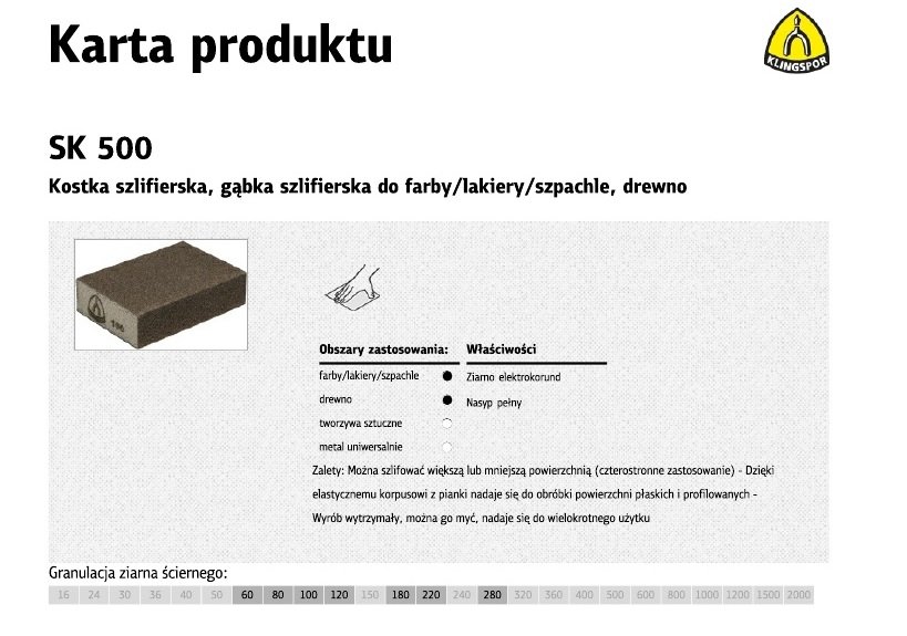 Kostka szlifierska KLINGSPOR, P220, SK500, 100x70x25mm