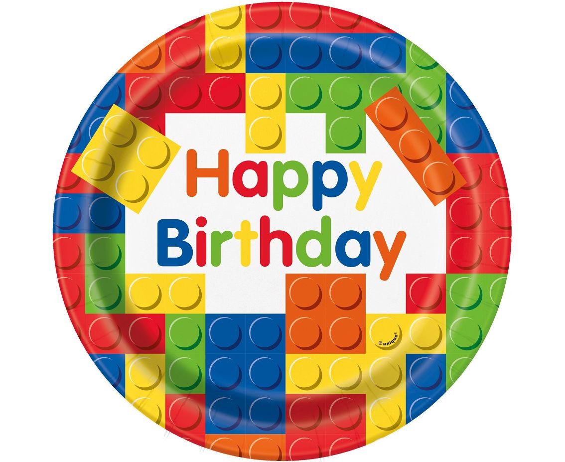 Unique Talerzyki papierowe, Happy Birthday Klocki, 23 cm, 8 sztuk