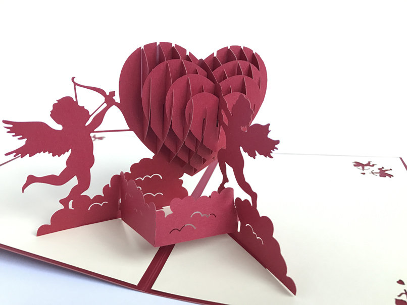 GrandGift Karnet walentynkowy 3D, Kupidyny i wielkie czerwone serce