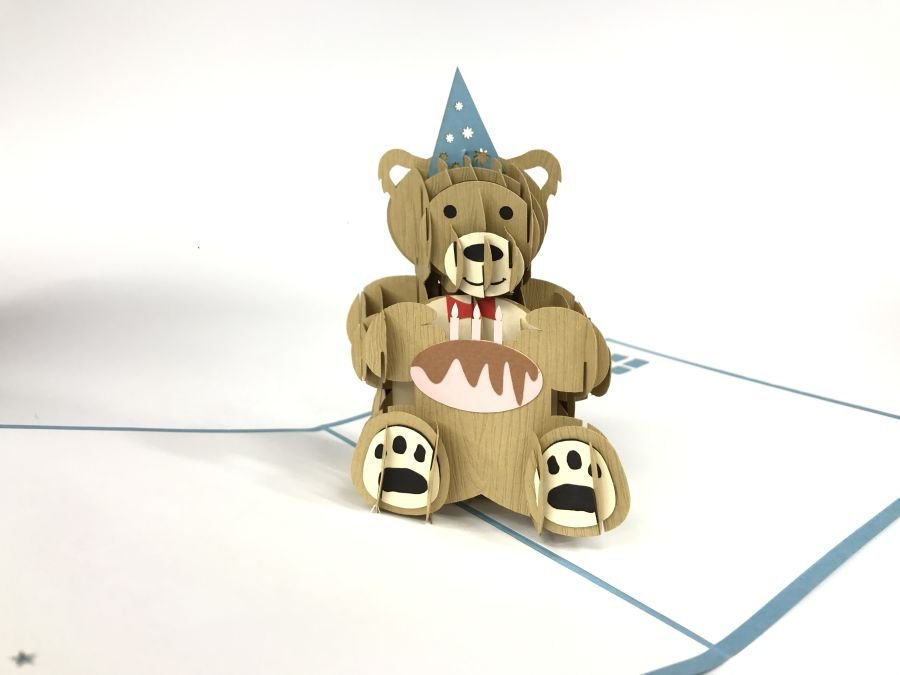 GrandGift Karnet urodzinowy 3D, Miś z tortem