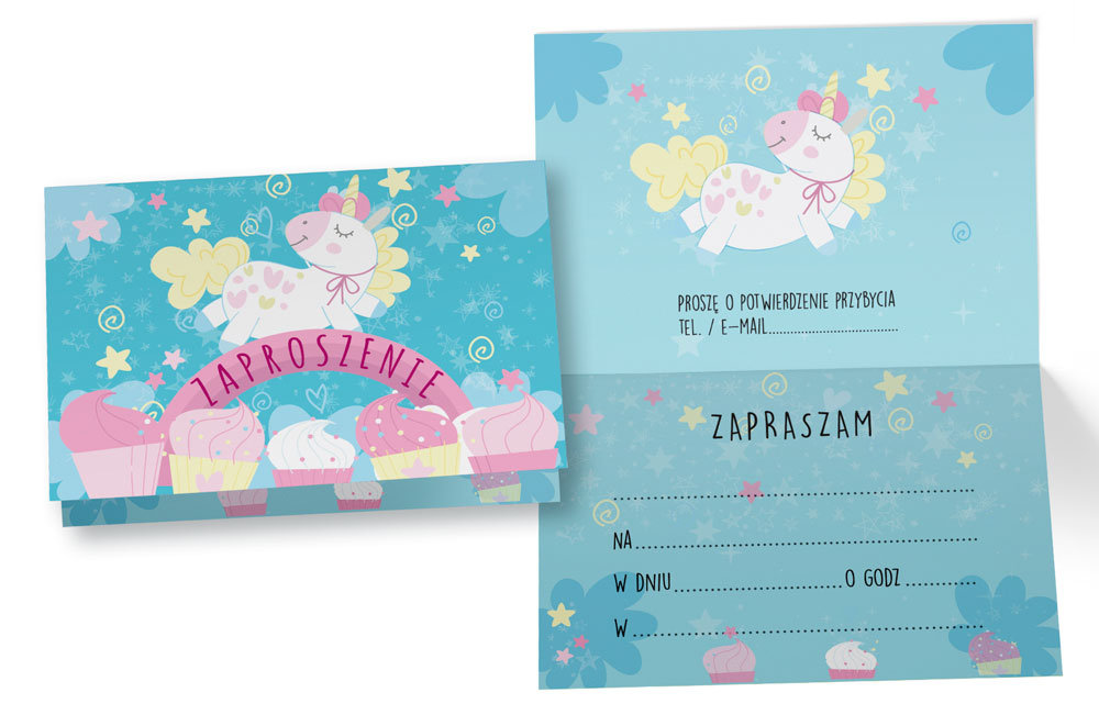Kukartka Zaproszenie ZZ-059 Jednorożec, babeczki (5 szt.)