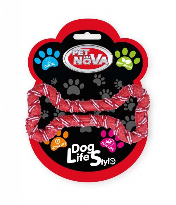 PET NOVA Pet Nova Kość miętowa RopeBone ze sznurkiem czerwona 20cm PPTN021