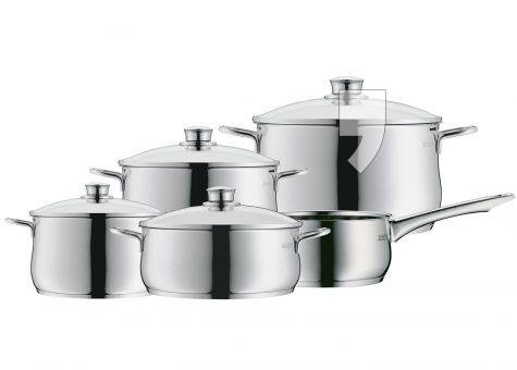WMF Diadem Plus 5-częściowy komplet garnków z polerowanej stali szlachetnej Cromargan, krawędź ułatwiająca zlewanie, kompatybilny z kuchenkami indukcyjnymi, może być myty w zmywarce 0730356040