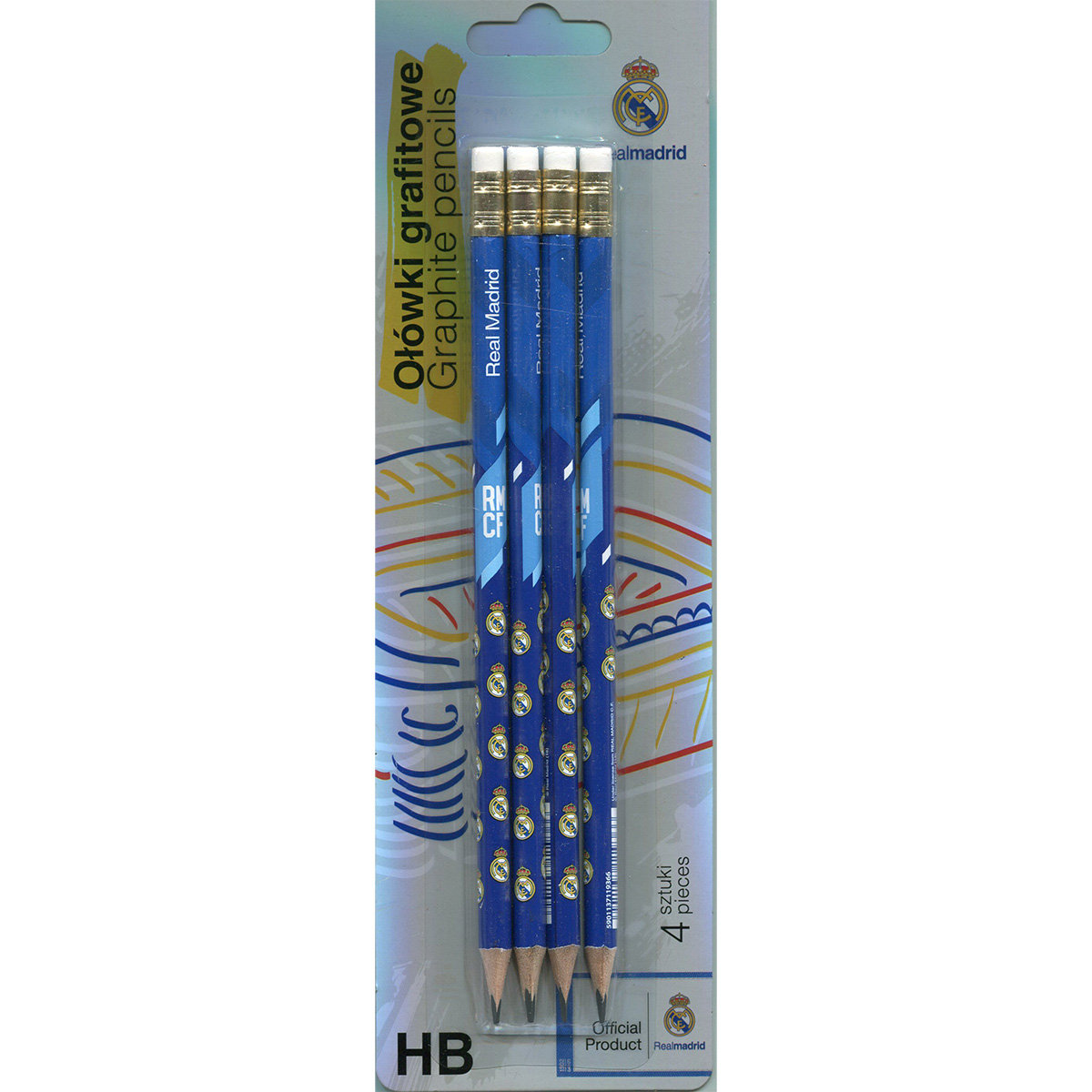 Ołówki grafitowe trójkątne z gumką HB RM-156 Real Madrid 4 4 sztuki