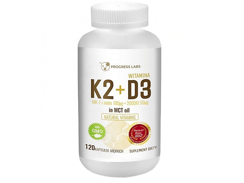 Progress Labs Progress Labs Witamina K2 MK-7 z Natto 100g + D3 2000IU 50g w oleju MCT suplement diety 120 kapsułek miękkich