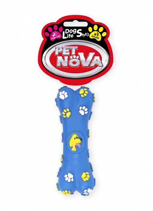 PET NOVA Pet Nova Kość gumowa Bone z dźwiękiem niebieska w żółte łapki 15cm PPTN039