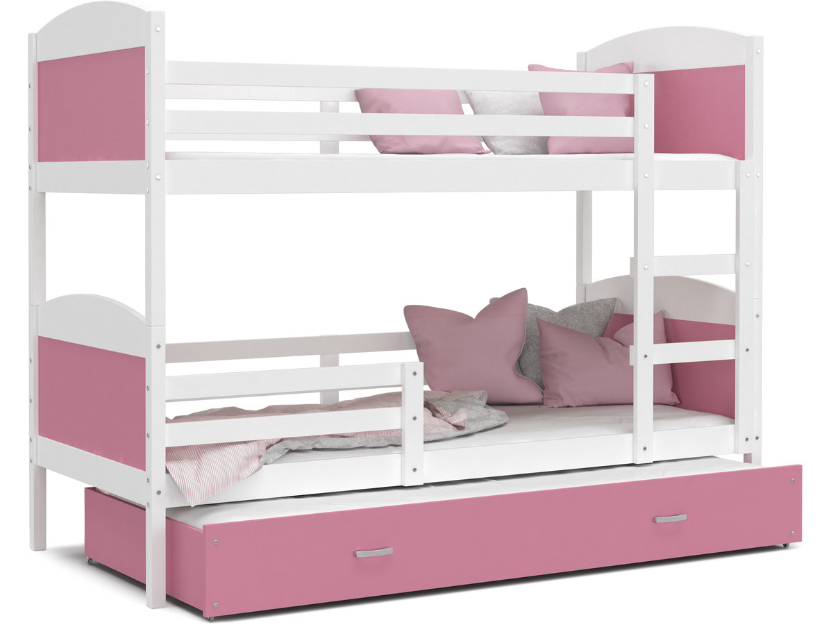 Łóżko piętrowe 190x80 białe różowe MATEUSZ 3-osobowe
