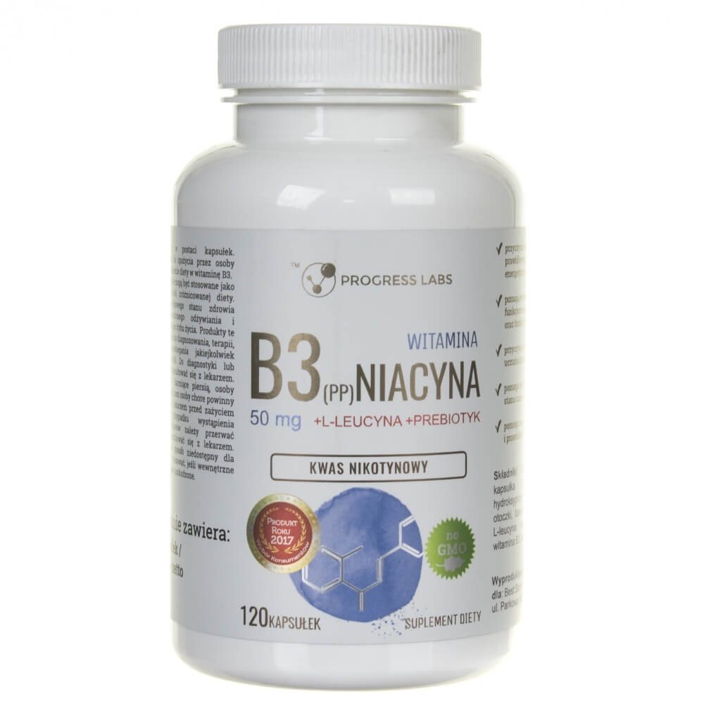 Progress Labs Progress Labs Witamina B3 PP) 50mg + L-Leucyna + Prebiotyk niacyna suplement diety 120 kapsułek