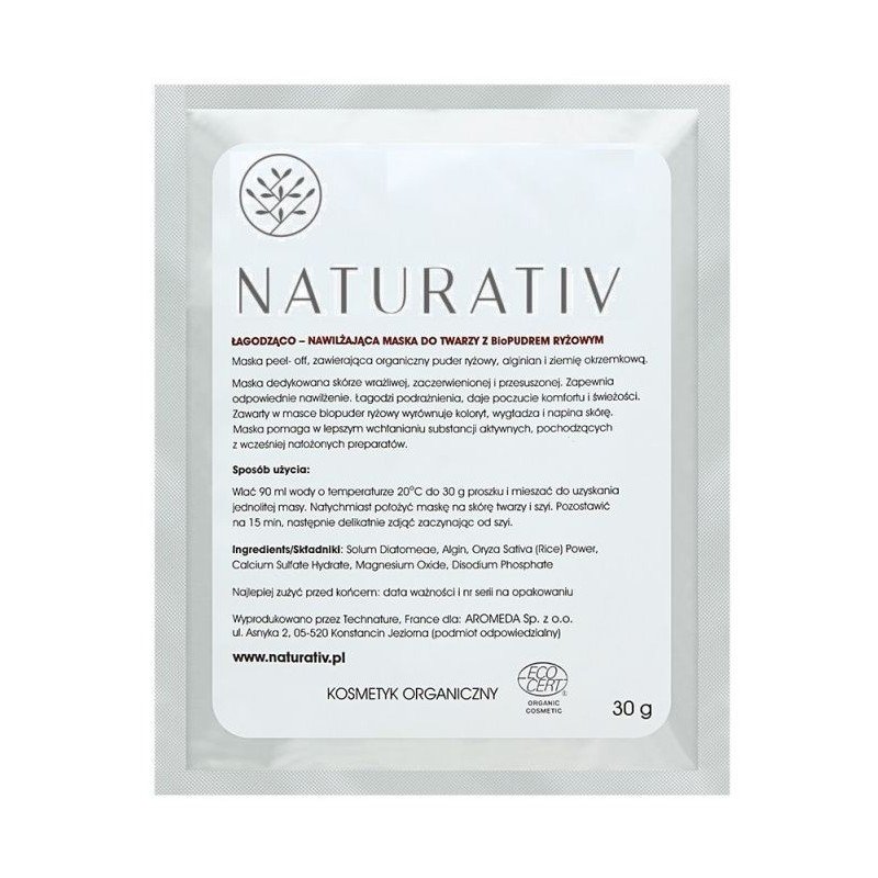 Bio Naturativ Naturativ łagodząco-nawilżająca maska do twarzy z pudrem ryżowym 30g