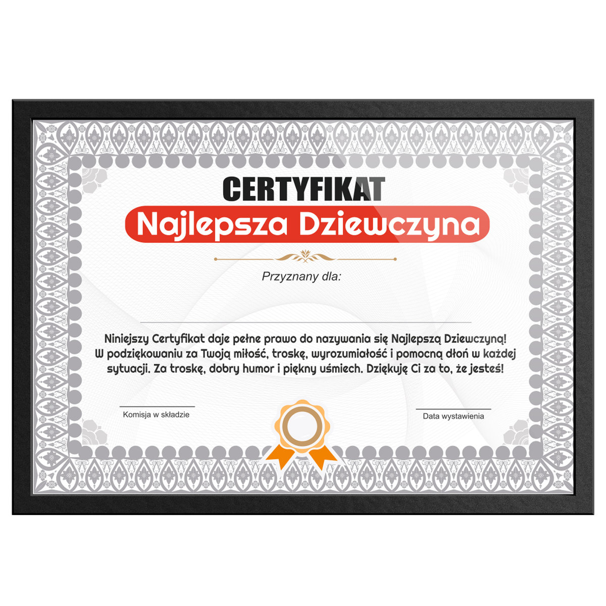 Certyfikat Najlepsza Dziewczyna 321PREZENT, 23,5x32 cm