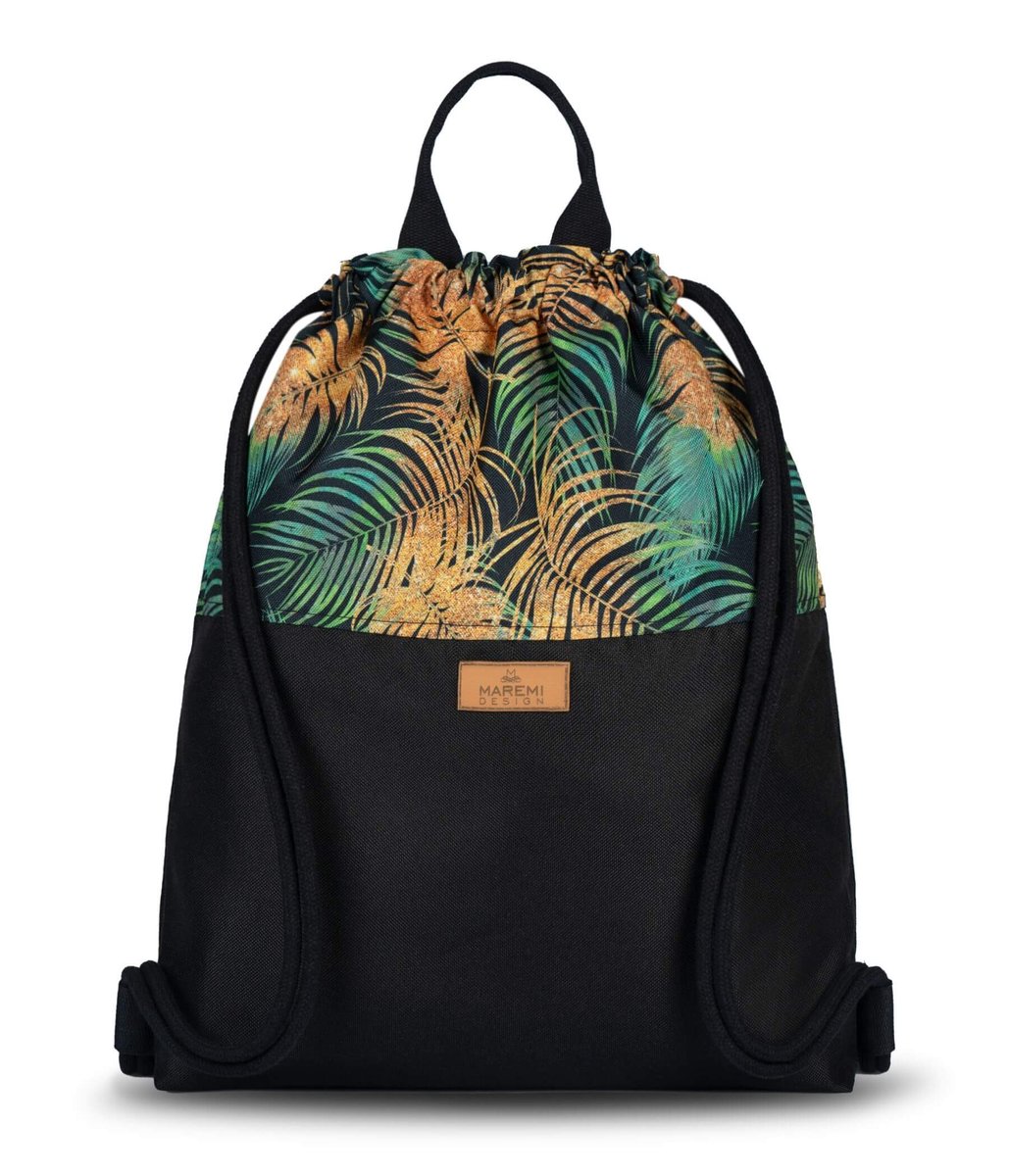 Maremi, worek - plecak, złote liście palmowe na czarnym