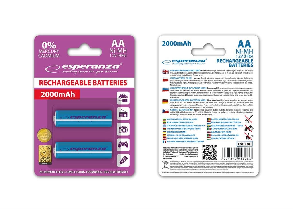 Esperanza EZA103B Akumulatorki Ni-MH AA 2000MAH -2 SZTUKI - NIEBIESKIE EZA103B - 5901299923283