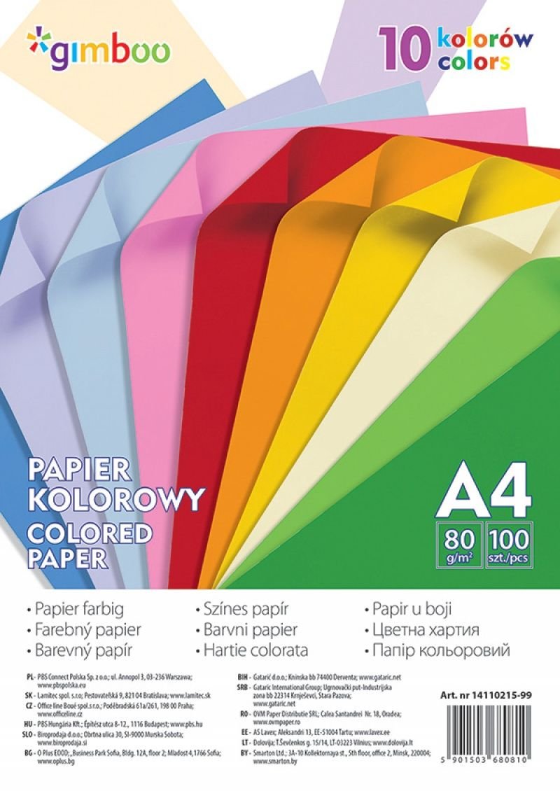 GIMBOO Papier kolorowy GIMBOO, A4, 100 arkuszy, 80gsm, 10 kolorów neonowych 14110215-99
