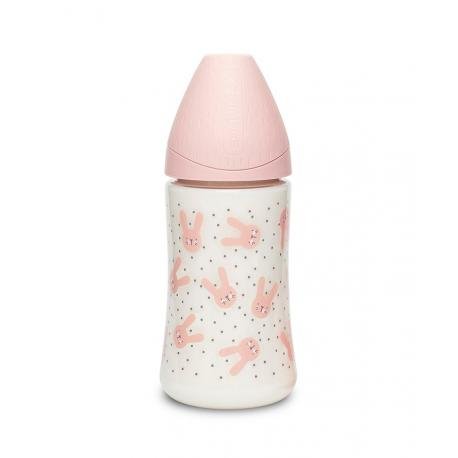 Suavinex Butelka Premium 270ml smoczek okrągły silikonowy 3 przepływowy Królik różowy Hygge Baby