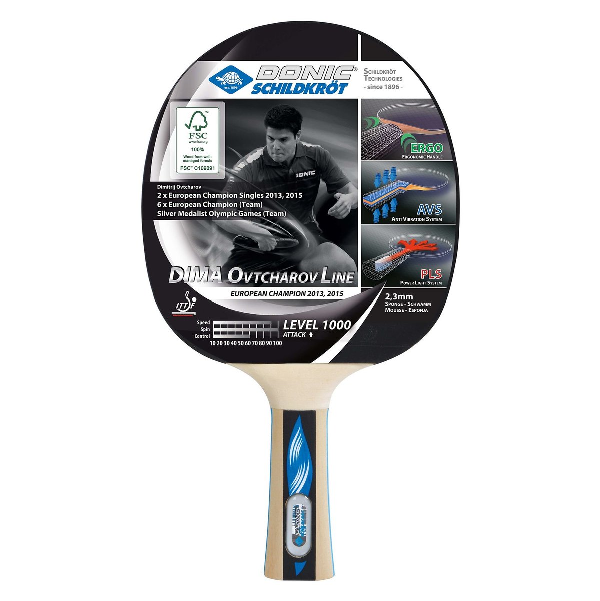 Donic Schildkröt Premium rakietka do tenisa stołowego DIMA OVTCHAROV 1000 FSC (2017), 754412 Table Tennis Racket, czarna, M 754412