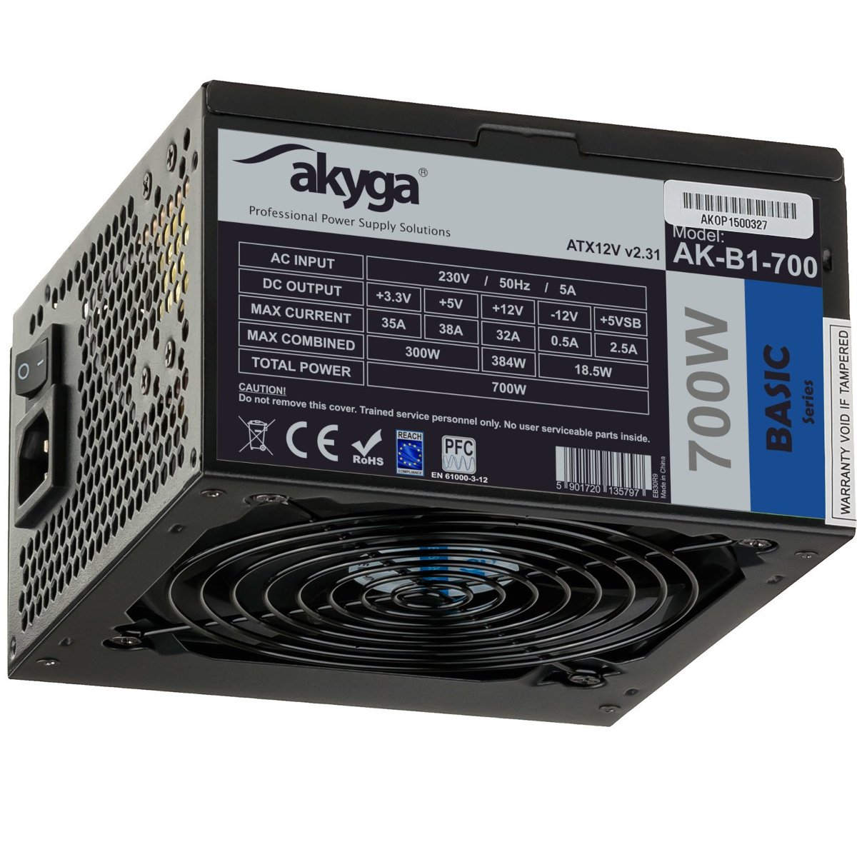 AKYGA Zasilacz ATX 700W AK-B1-700BE BLACK EDITION P4+4 PCI-E 6 pin i 6+2 pin 5x SATA PPFC FAN 12cm