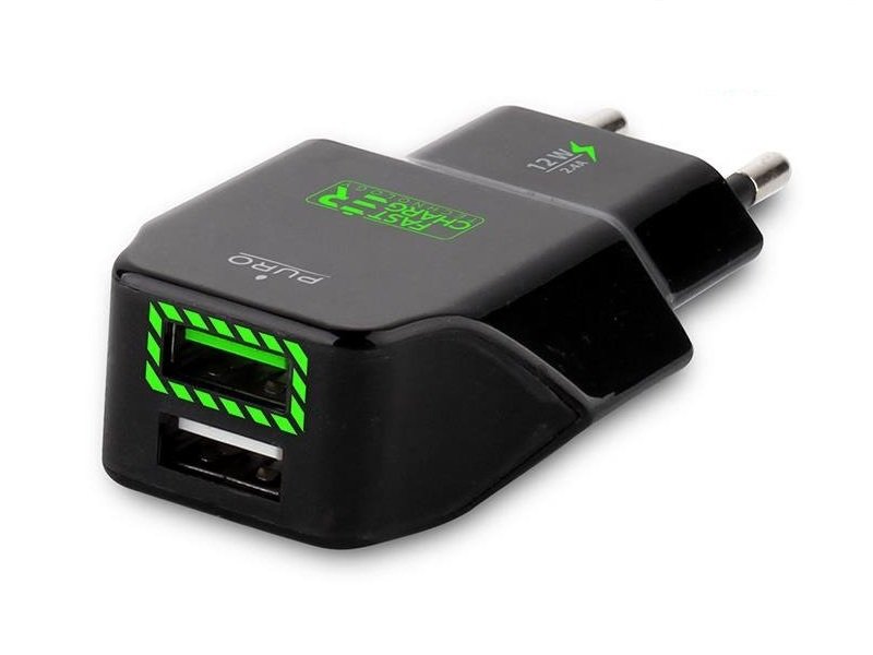 PURO Travel Fast Charger - Przenośna ładowarka sieciowa 2 x USB, 2.4 A z niebieskim podświetleniem LED (czarny) FCTCV2USB24BLK