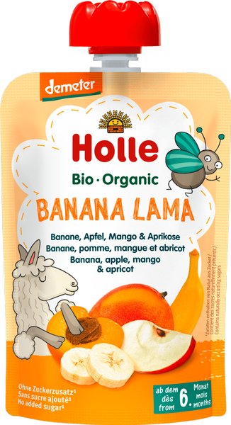 Holle Mus dla niemowląt Bananowa Lama, Banan, Jabłko, Mango i Marakuja (od 6 miesiąca) 100g