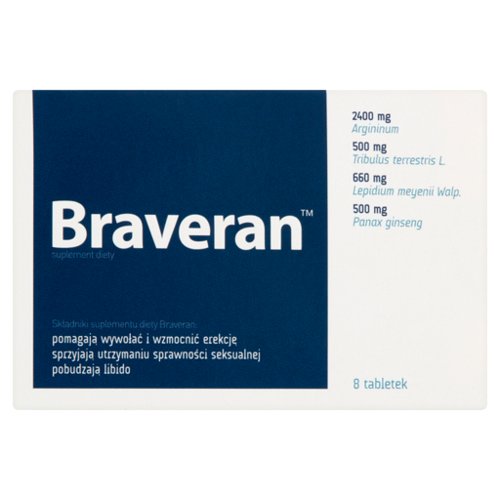 Braveran, suplement diety, ( Argininum 2400 mg, Tribulus terrestris L. 500 mg, Lepidum meyenii Walp. 660 mg, Panax ginseng 500 mg ), 8 tabletek  8892001