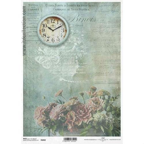 Papier ryżowy ITD A4 R1068 kwiaty zegar