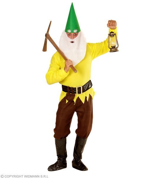 Widmann 01431 - kostium dla dorosłych krasnolit, kurtka, spodnie, pasek z kieszenią, nakładka na buty, kapelusz z uszami, brwi, żółty