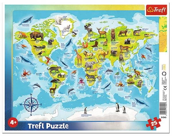 Trefl Puzzle 25el ramkowe Mapa świata ze zwierzętami 31340